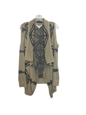 Charming Charlie Open Front Waterfall Vest Sweater Cardigan Large Tan Black Azte